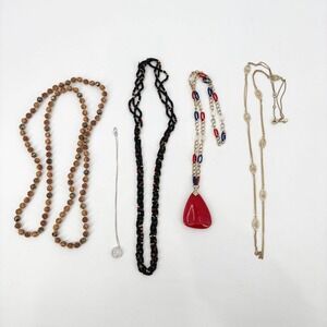 5 Vintage Necklaces Beaded Rose Bead Pendant Gold Tone Heart Circle Jewelry Lot